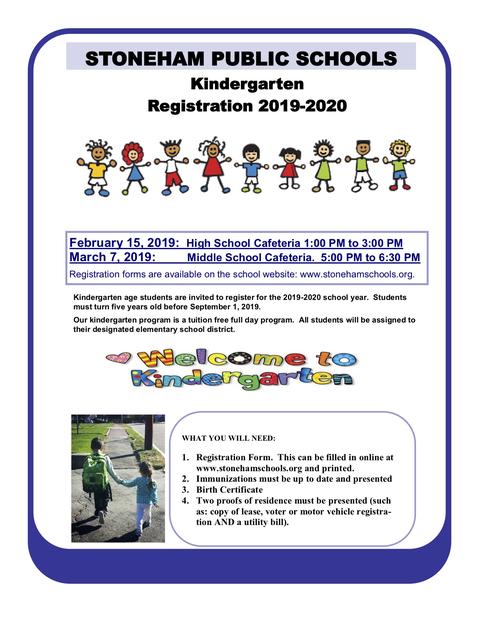 Stoneham Public Schools Kindergarten Registration 2019-2020