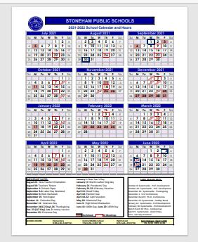 Stoneham Public Schools School Calendar for 21-22